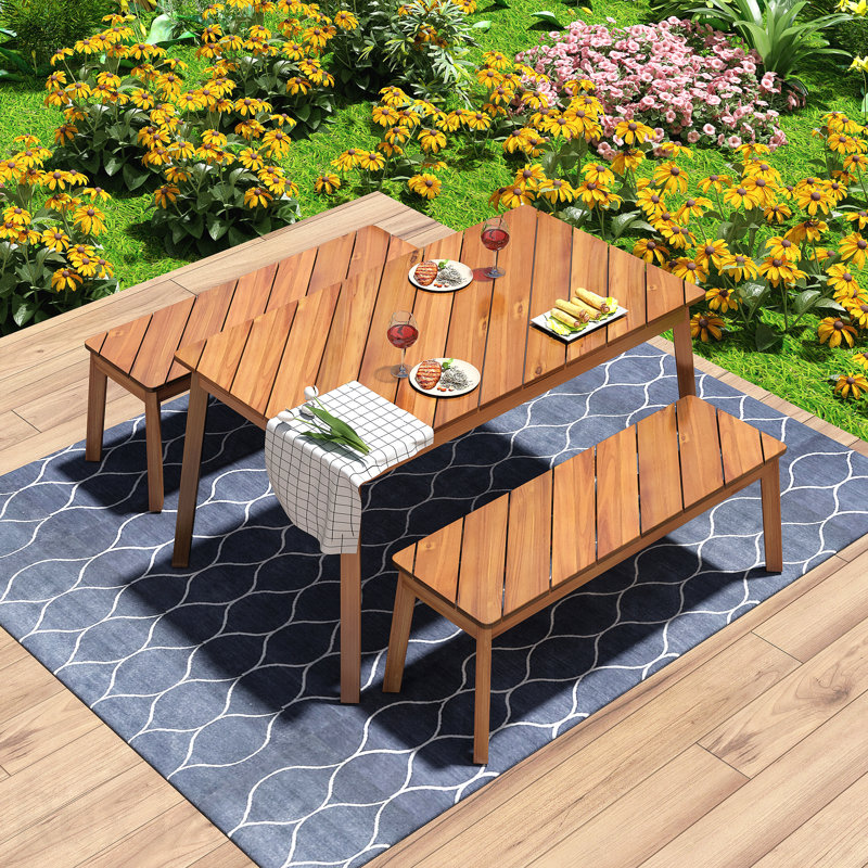 Ensemble de salle à manger 3 pièces en bois d'acacia naturel pour l'extérieur et l'intérieur