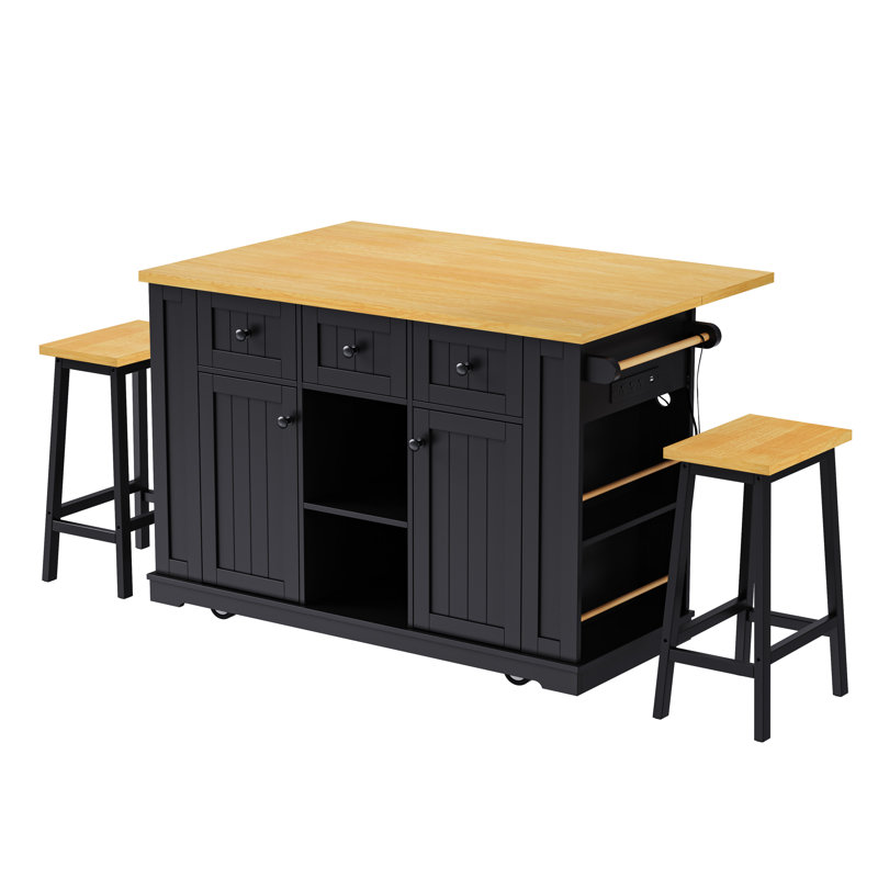 53inch Large Kitchen Island with 2 Bar Stools, Power Outlet,Door Internal Storage Rack, Kitchen Storage Cart on 5 Wheels with Drop Leaf, 5 Open Side Racks, 3 Drawers, for Kitchen,Dining Room