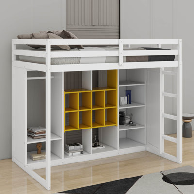 Twin Size Wood Loft Bed With Shelves,Wardrobe And Cabinet