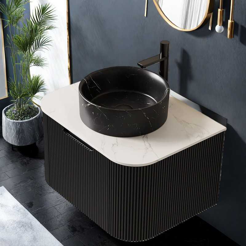 Meuble-lavabo et lavabo moderne à faible encombrement, finition en céramique et pierre noire
