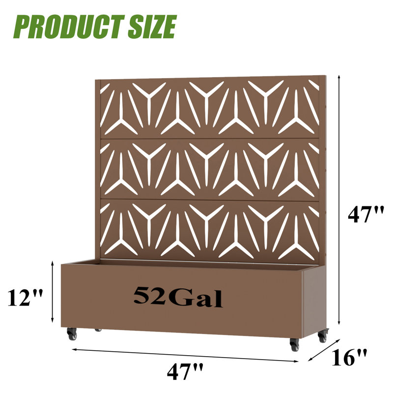 Metal Planter Box with Trellis with Wheels, 47" H x 47" W x 16" D, Brown