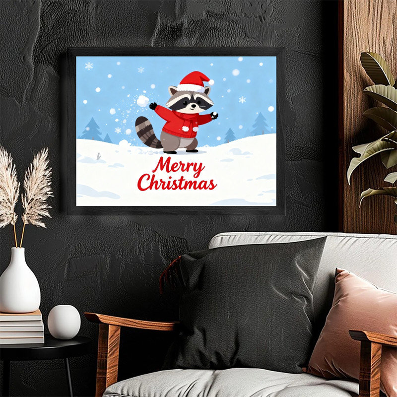 Cadre noir noir fantaisiste, raton laveur, neige, art mural, décoration festive, cadre, H 9 po x l 11 po