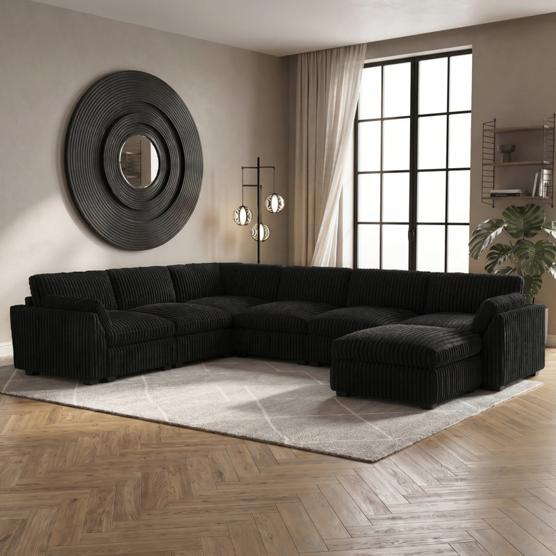 137.8" W U-Shaped Modular Sectional , Black Corduroy
