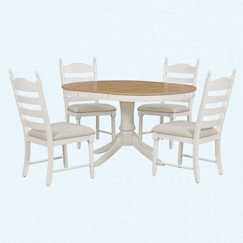 Ensemble de table de salle à manger 5 pièces en bois rétro avec table ronde extensible, base piédestal et 4 chaises rembourrées