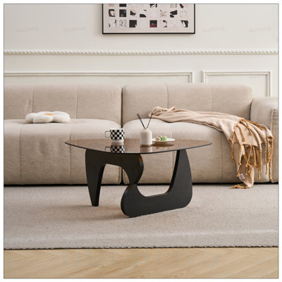 Petite table basse de style campagnard Mid-Century en bois avec centre en verre et base en chêne robuste