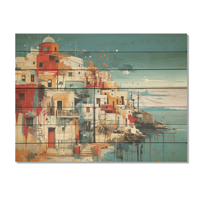 Paysage coloré de Santorin en Grèce I - Santorin sur bois, H 10 po x l 20 po
