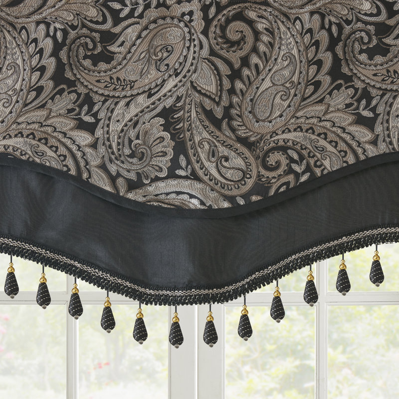 Aubrey Black Paisley Jacquard Scalloped 50x18" Valance With Beads, Black
