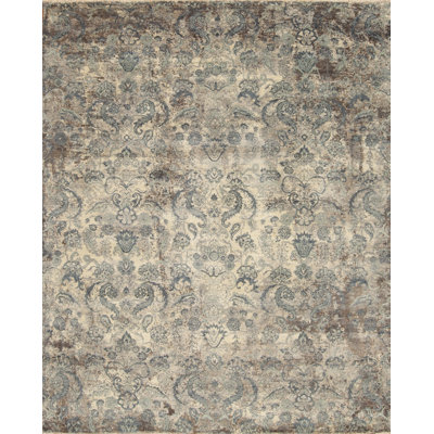 Tapis gris / beige / vert en laine noué à la main 8 pi x 10 pi European Damask
