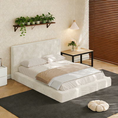 Queen Size Upholstered Platform Bed with Tall Headboard, Minimalist Low Bed Frame with Soft Padded and Sherpa Cloud for Modern Bedroom, Off-white