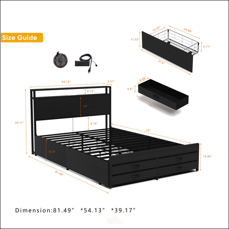 Structure de lit double avec 8 tiroirs de rangement