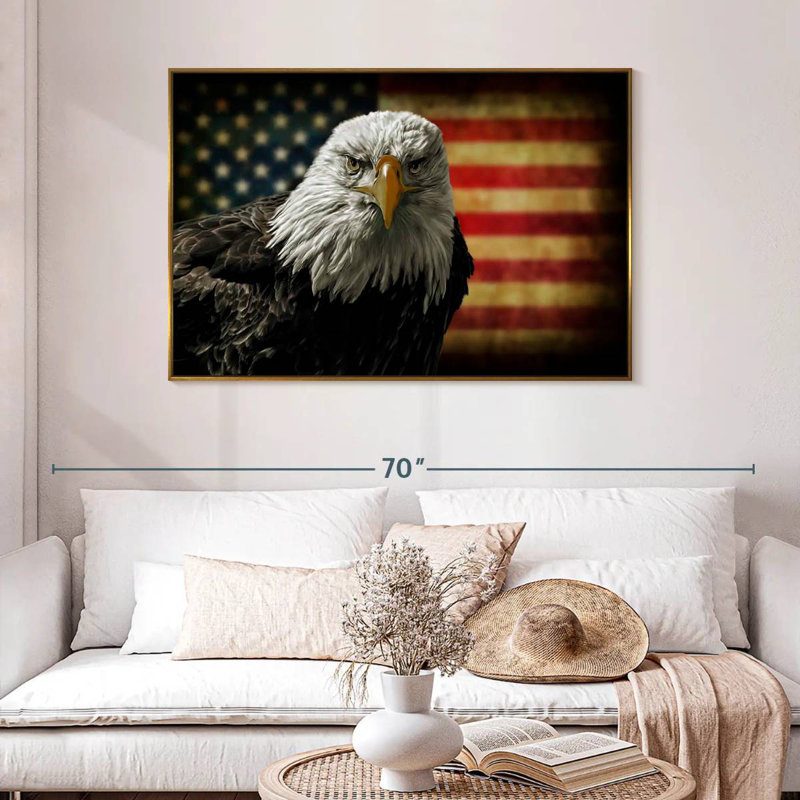 Aigle et drapeau de l'Amérique, 46 po x 31 po, Cadre flottant doré