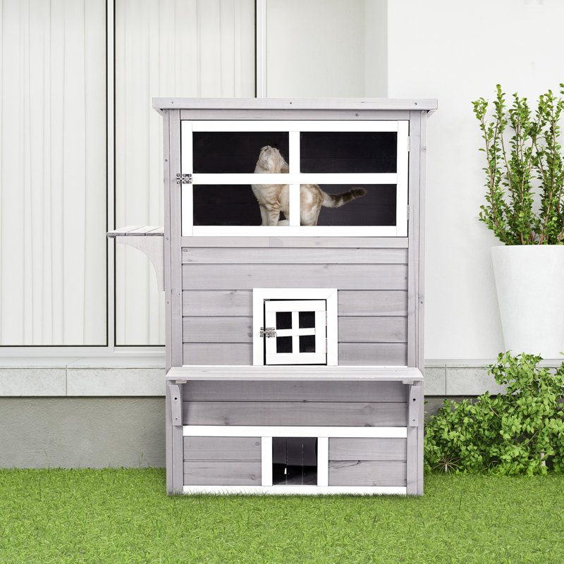 Abri d'extérieur pour chat, chaton de 3 étages, gris, avec plancher surélevé, portes de secours et plateformes de saut Engross