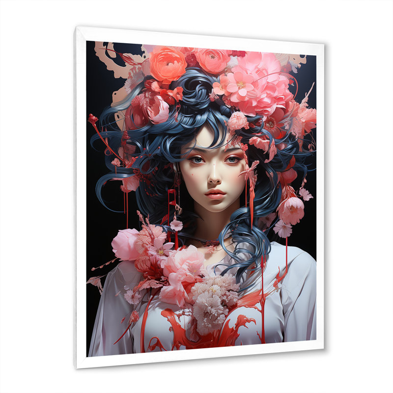 Portrait d'une femme asiatique rêveuse sur toile, H 32 po x l 24 po x P 1 po, Cadre photo blanc