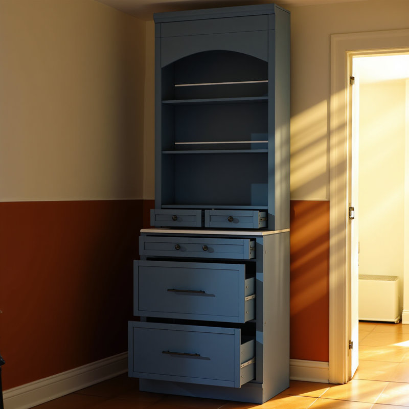 Garde-manger moderne de 83,7 pouces de hauteur, grande huche de cuisine autoportante avec plateau en faux marbre, armoire de présentation avec 5 tiroirs de rangement et tablette réglable, gris