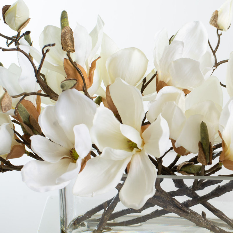 White Magnolia Blossom Branch Centerpiece Water Illusion Arrangement in Oval Pocket Vase