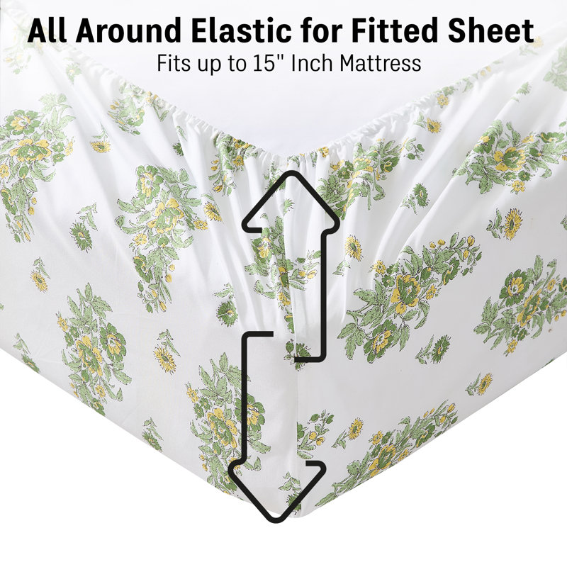 HLC.ME Color Block Printed Floral Bed Sheets - 4 Piece Patterned Bed Sheet Set - Wrinkle Resistant & Soft - Fits Mattresses Up To 15 Inches Deep (King, Green)