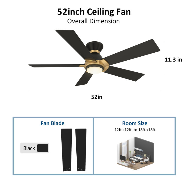 Ventilateur de plafond encastré à 5 pales 52 po avec éclairage Alceu, Black/Golde blade bracket, 52 po