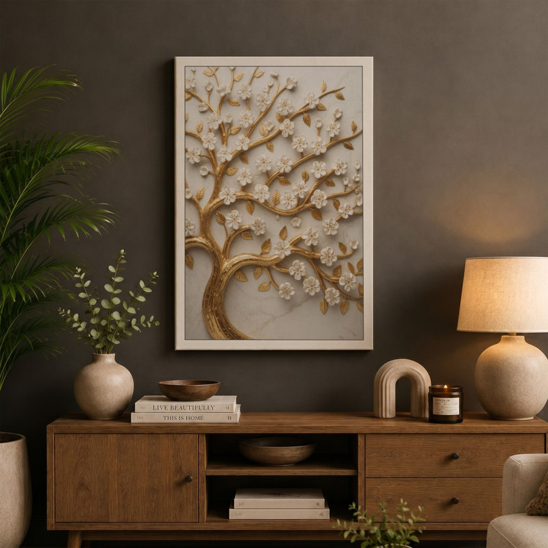 Flowering Tree Relief Botanical - Wrapped Canvas, 36x24 - 91.4 x 61.0 cm, Teal Border