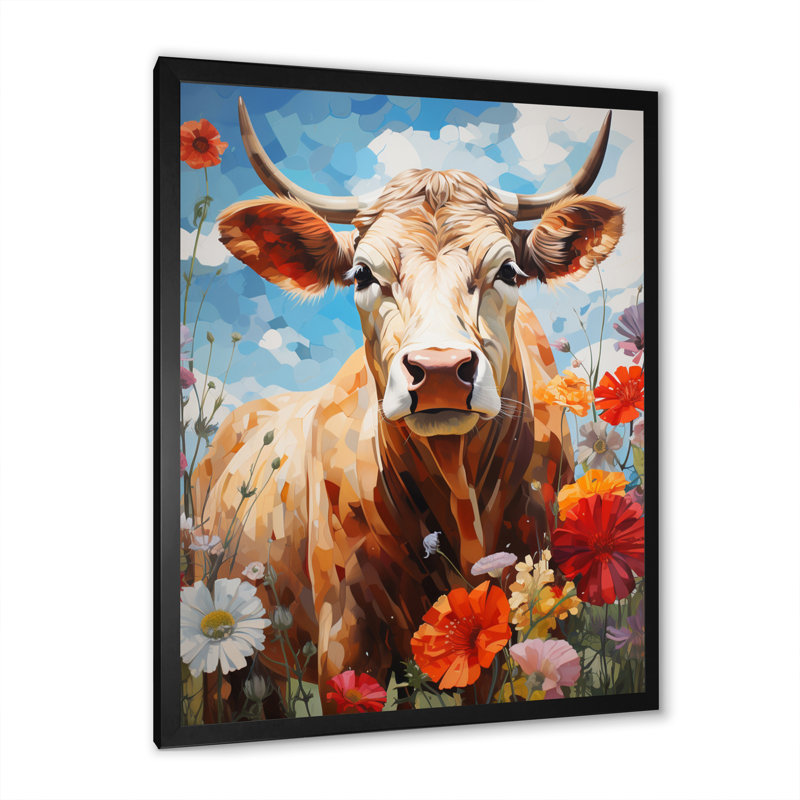 «Mahadeo Cow Floral Grazing I», reproduction d'art sur toile, H 32 po x l 16 po x P 1 po, Cadre photo noir