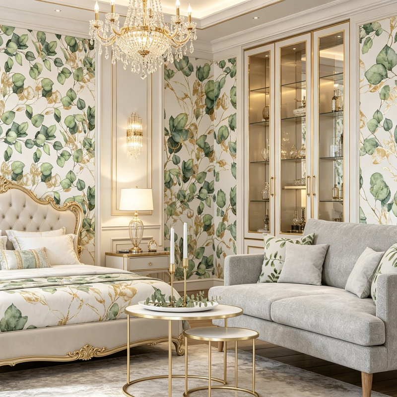 Luxury Green Gold Eucalyptus Leaf Botanical Wallpaper