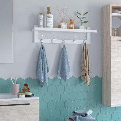Breki Bamboo Entryway Floating Wall Shelf with 5 Dual Metal Hooks