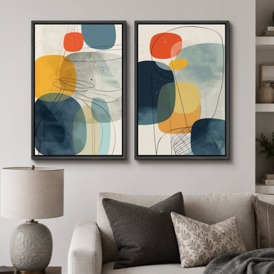 Mid Century Shape "Vibrant Blue & Yellow & Orange Polygon Artwork, Modern Abstract Geometric Wall Pictures, Framed Canvas Giclee Print 2 Pieces Wall Art Set" 16x24x2 pcs, 24x36x2 pcs