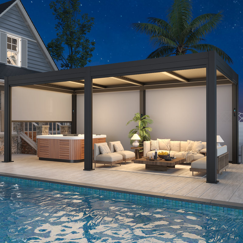 10 x 20 FT Motorized Louvered Pergola with Installation Video, Solar/USB Hybrid Power, 4 Auto Side Screens, Rainproof Roof & Rustproof Aluminum Frame, Remote LED Lights for Deck, Patio & Hot Tub