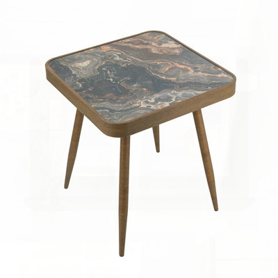 Square Side Table with Glass Top and Faux Marble Design – Gold Iron Legs, 17.3"