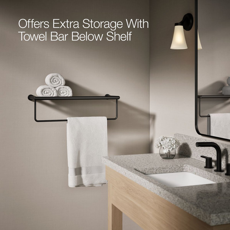 Kumin Hotelier Accent Shelf with Towel Bar, Matte Black