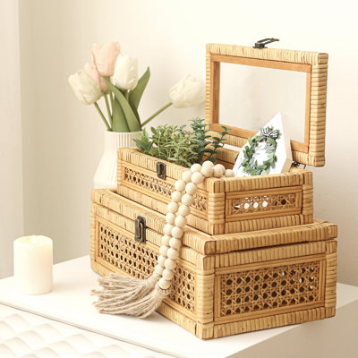 Blynda Rattan 2-Piece Decorative Box Set with Glass Top