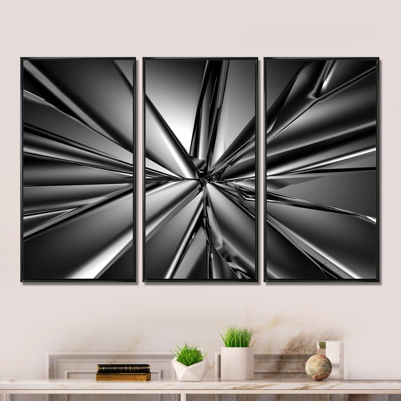 Futuriste fond en cristal - ensemble de 3 toiles abstraites encadrées, H 28 po x l 36 po x P 1 po, Noir