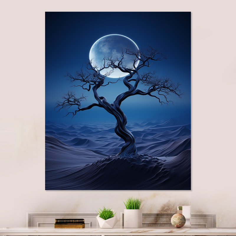 «Blue Moonlit Tree In Desert I» - art mural désert en métal, H 20 po x l 12 po x P 1 po