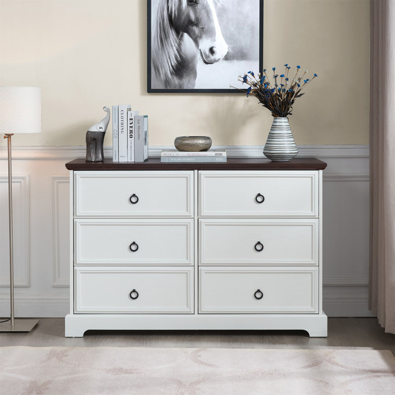 Modern Farmhouse 6-Drawer Chest Of Drawers For Bedroom, White/Walnut