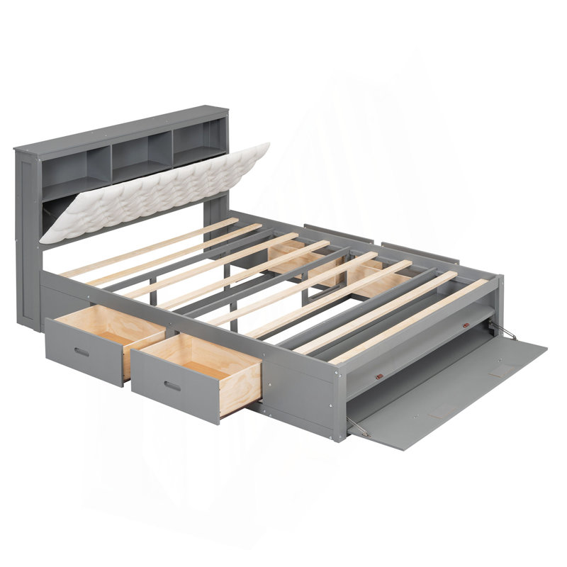 Lit plateforme en bois grand avec tête de lit, étagère à chaussures et 4 tiroirs, gris