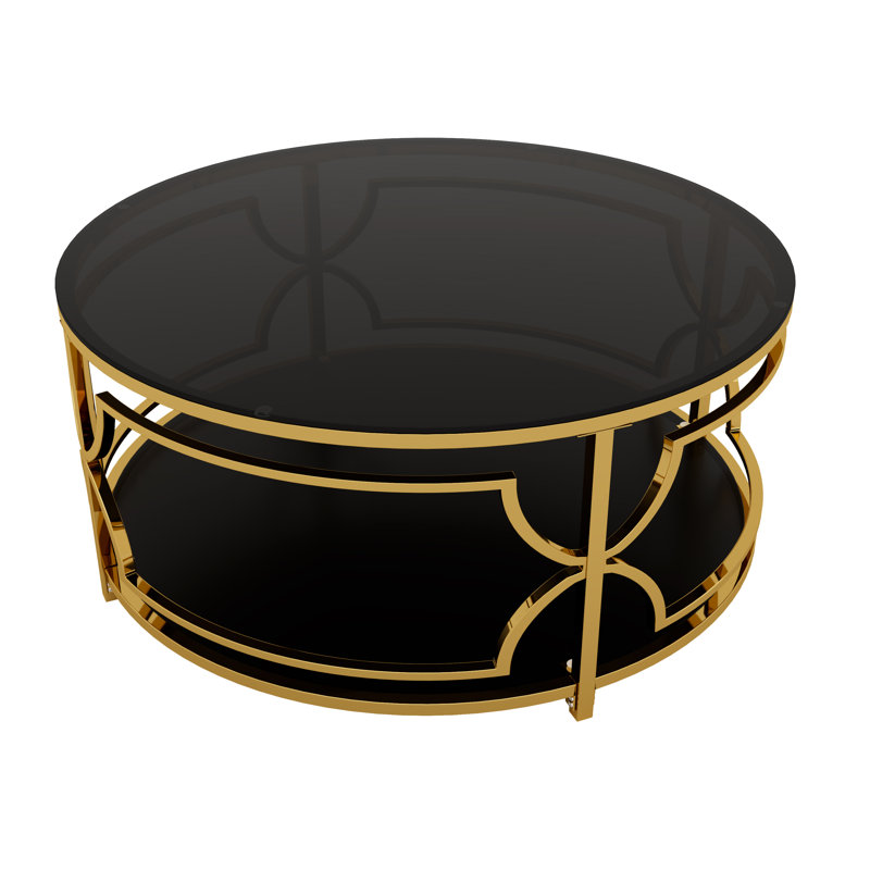 Round Tempered Glass Coffee Table with Luxurious Geometric Metal Frame, Gold Finish, and Lower Shelf in Black, Black