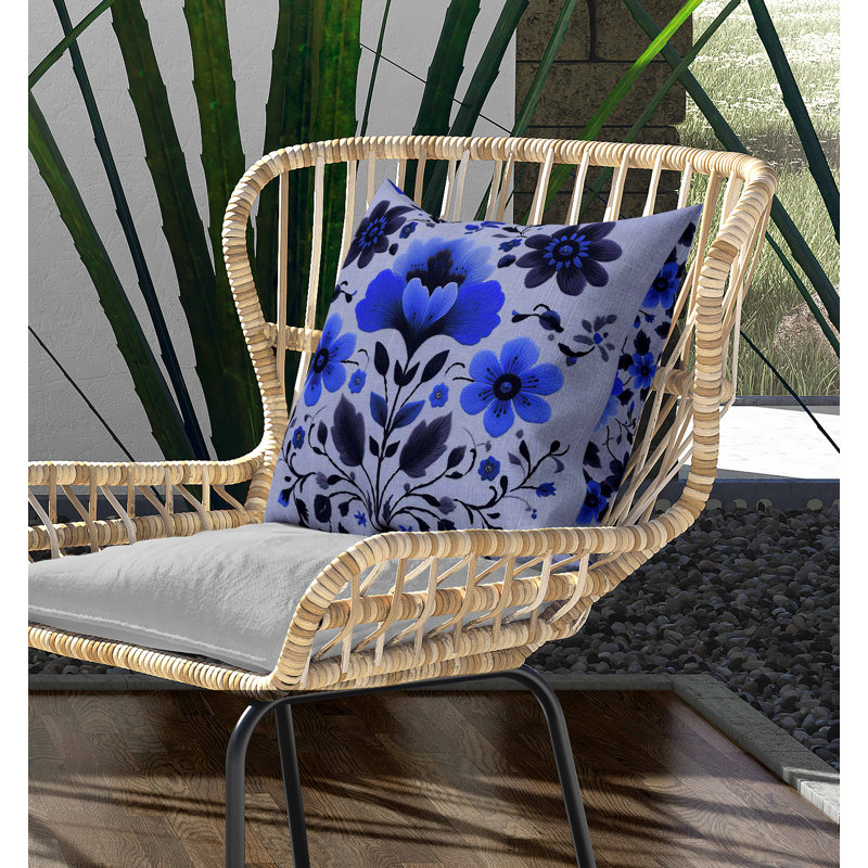Oreiller intérieur / extérieur Rajasthan Bloom, Bleu, Carré 16 po