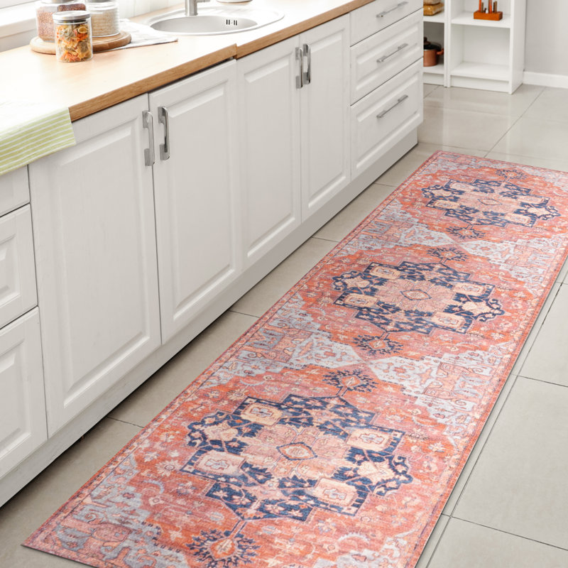 Ville Ornate Medallion Machine-Washable Terracotta/Navy Rug, Runner 2' x 8'