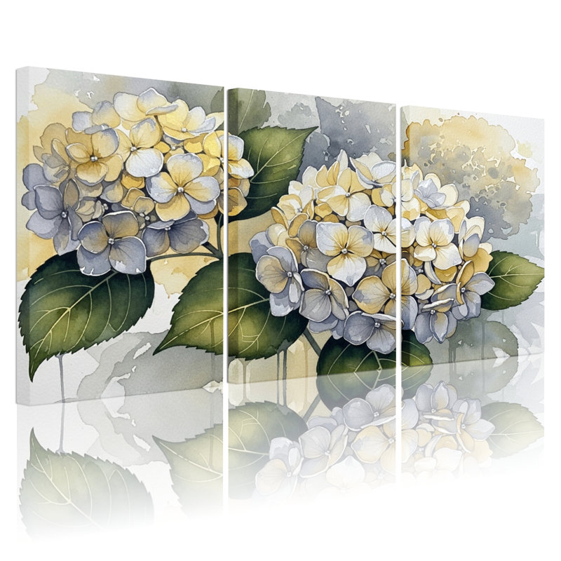Hydrangea, art mural aquarelle sur toile, ensemble de 3 panneaux pour le salon ou la chambre à coucher, H 30 po x l 60 po