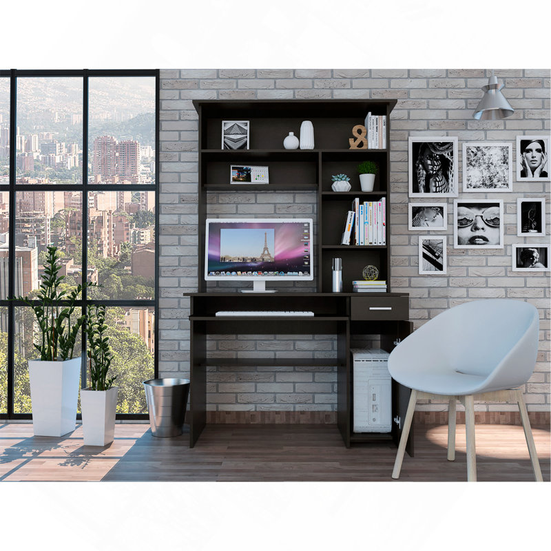 Black 2-Drawer 7-Shelf Computer Desk With Hutch