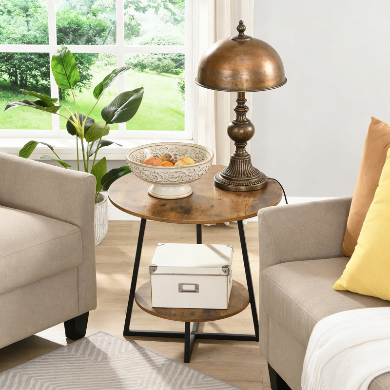 Round End Table With Storage Shelf For Small Spaces, 2-Tier Side Table For Living Room, Bedroom, Office, And Balcony, Rustic Design