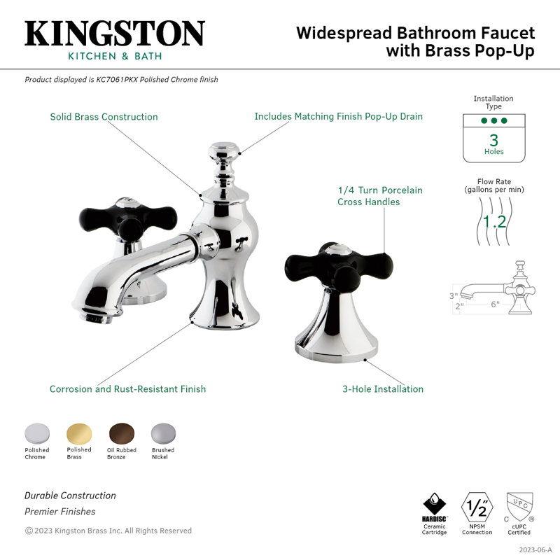 Kingston Brass Duchess Two-Handle 3-Hole Deck Mount Widespread Bathroom Faucet with Brass Pop-Up Drain, Polished Chrome