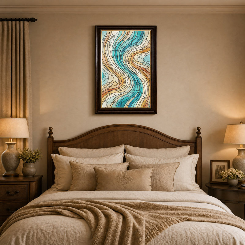 Tableau sur toile « Vagues en vitrail turquoise et beige », 18"H x 12"W