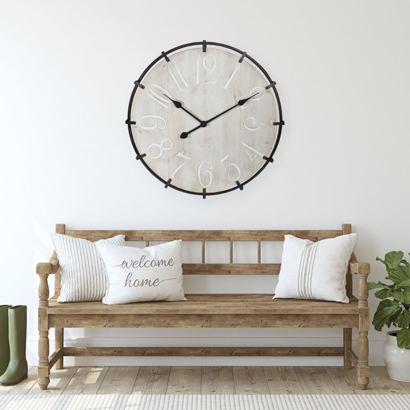 23.5" Black Metal and Light Brown Wood Rustic Round Wall Clock
