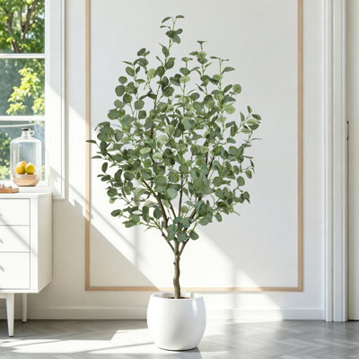 Arbre d'eucalyptus artificiel 5 pi, plante de plancher multi-troncs avec pot en plastique noir, arbre d'eucalyptus réaliste pour la décoration de salon de bureau à domicile, utilisation intérieure seulement
