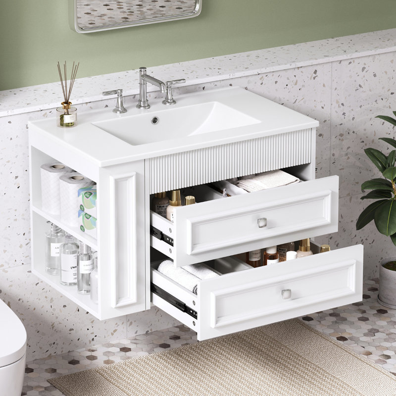 Meuble-lavabo flottant 30 po avec lavabo en céramique, Blanc