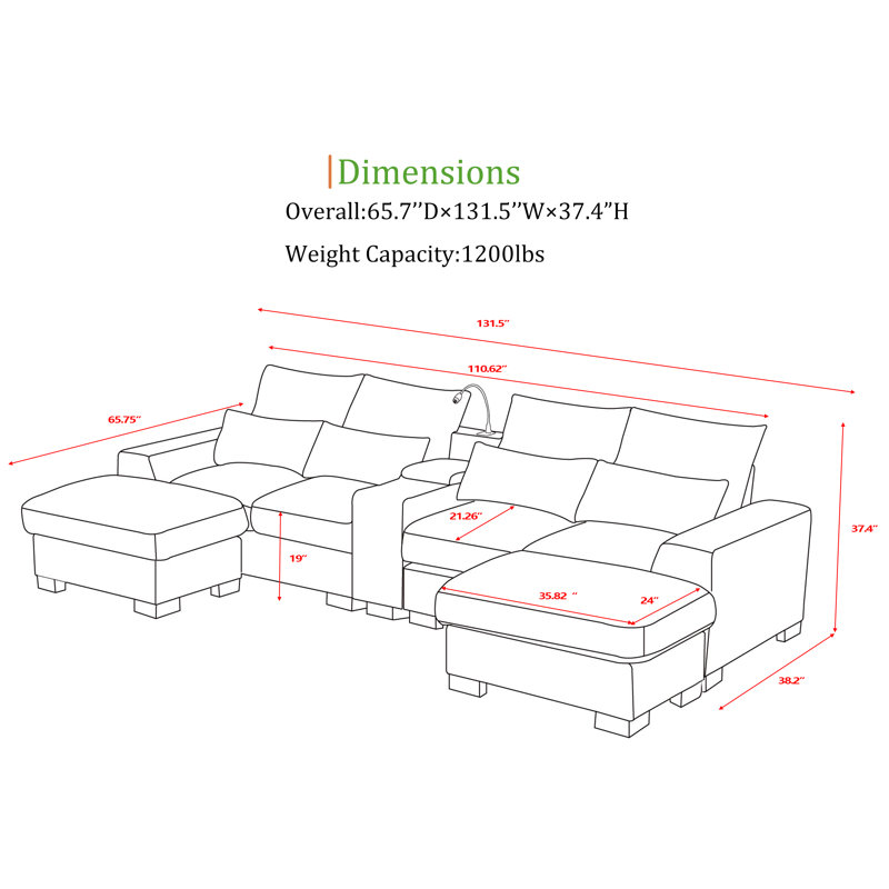 131.5” W Oversized 6-seater Composable Modular Sofa With Cupholder Console  With Usb Port And 2 Ottomans, Beige Chenille