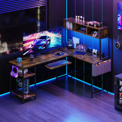 67 Inch L Shaped Computer Desk with LED Light, Home Office Corner Desk