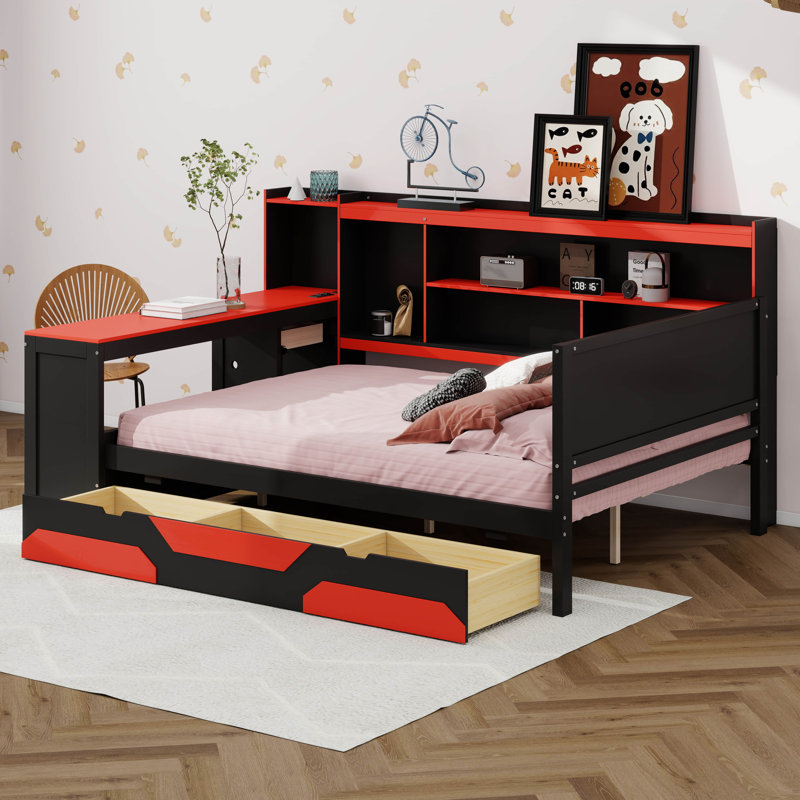 Lit de jeu avec bureau et 3 tiroirs, lit plateforme en bois avec tablettes de rangement, Full, Black/Red