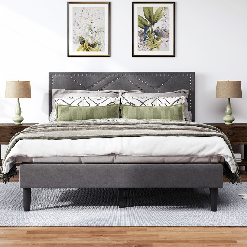 Bed Frame, Linen Storage Headboard, Strong And Stable, No Noise,Under Bed Storage, No Box Spring (Carbon Gray), Queen