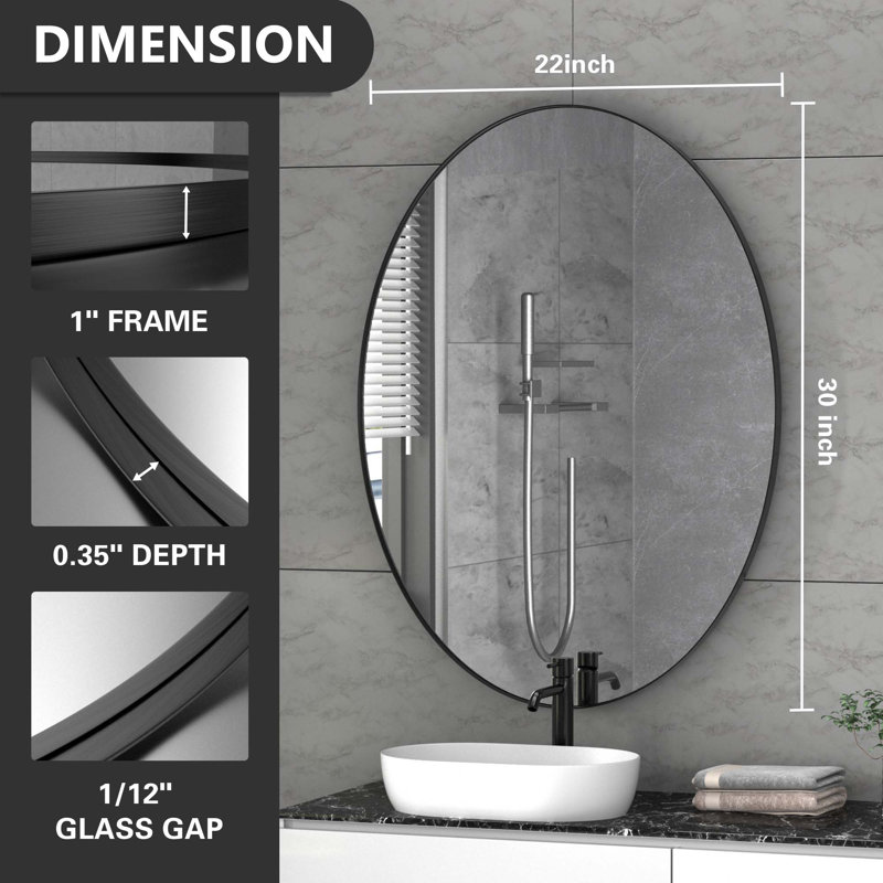 Oval Mirror Bathroom Vanity Mirror Metal Framed Wall-Mounted Mirrors for Bathroom, 30" x 22", Brushed Black